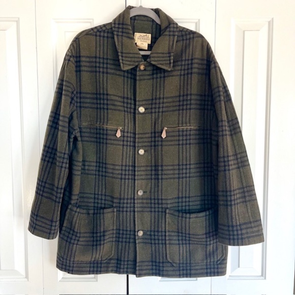 Vintage Hermes Mens Green Plaid Overcoat Size 54 - Picture 1 of 7
